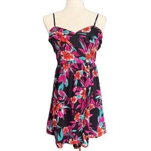 Billabong Black Floral Hibiscus Spaghetti Strap Mini Dress Women's Sz S M Beach